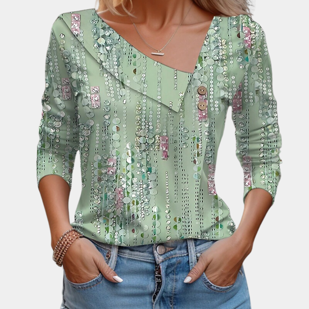 Ladies Floral Blouse with V Neck and Long Sleeves