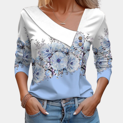 Ladies Floral Blouse with V Neck and Long Sleeves