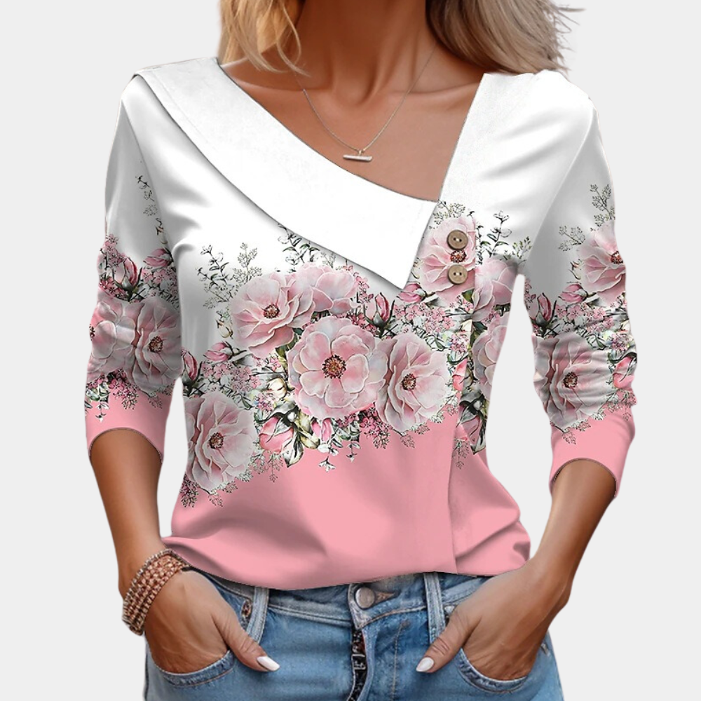 Ladies Floral Blouse with V Neck and Long Sleeves - Nocini