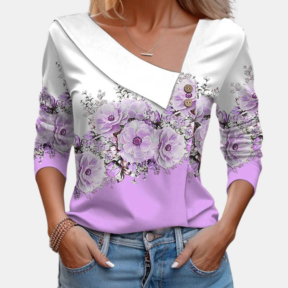 Ladies Floral Blouse with V Neck and Long Sleeves