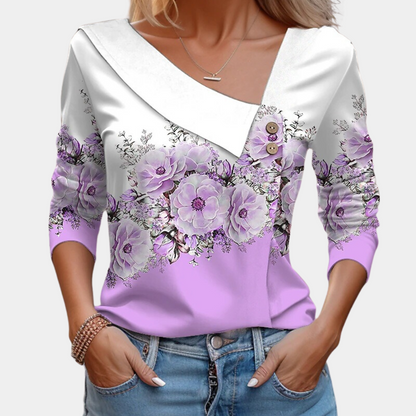 Ladies Floral Blouse with V Neck and Long Sleeves