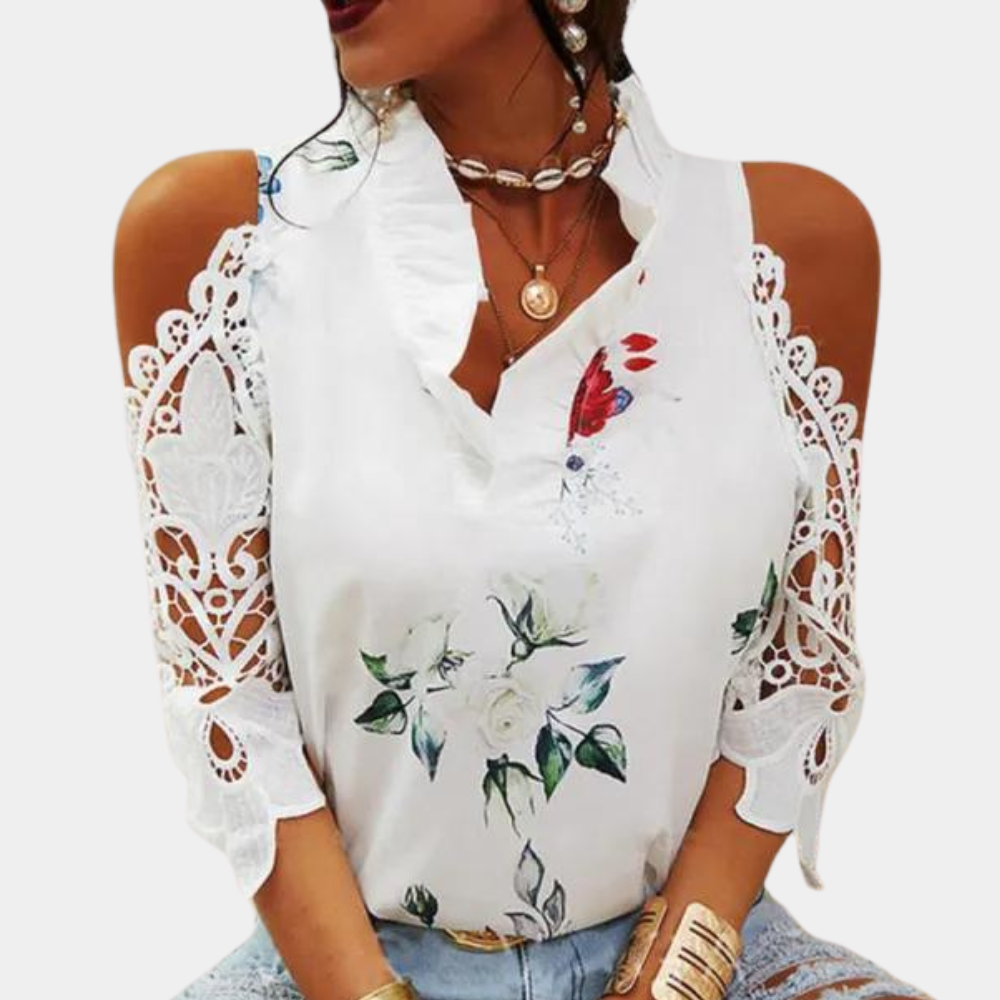 Feminine Lace Trim Floral Cold Shoulder Top - Nocini