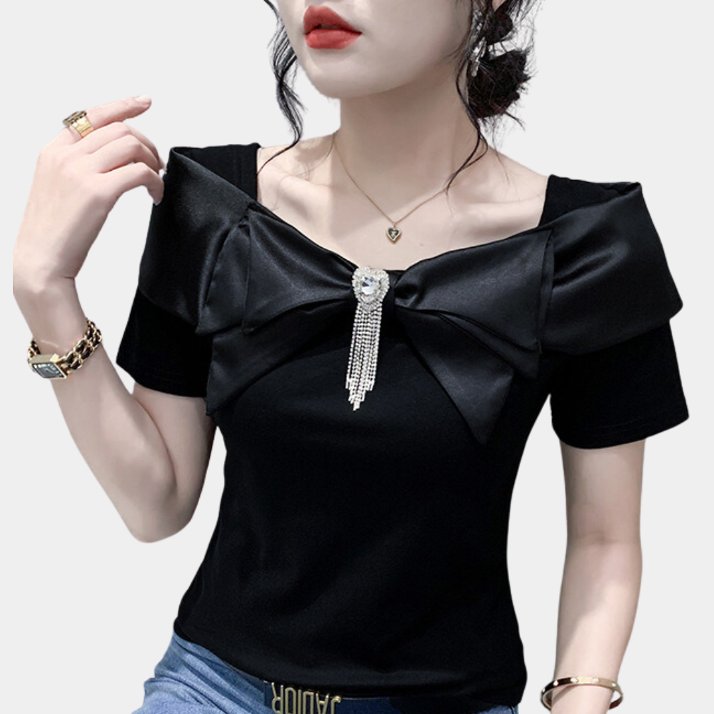 Feminine Short Sleeve Blouse with Big Bow Detail