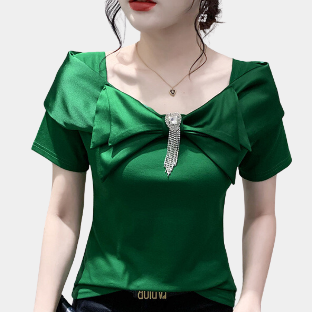 Feminine Short Sleeve Blouse with Big Bow Detail