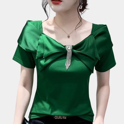 Feminine Short Sleeve Blouse with Big Bow Detail
