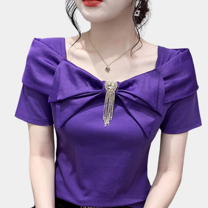 Feminine Short Sleeve Blouse with Big Bow Detail - Nocini