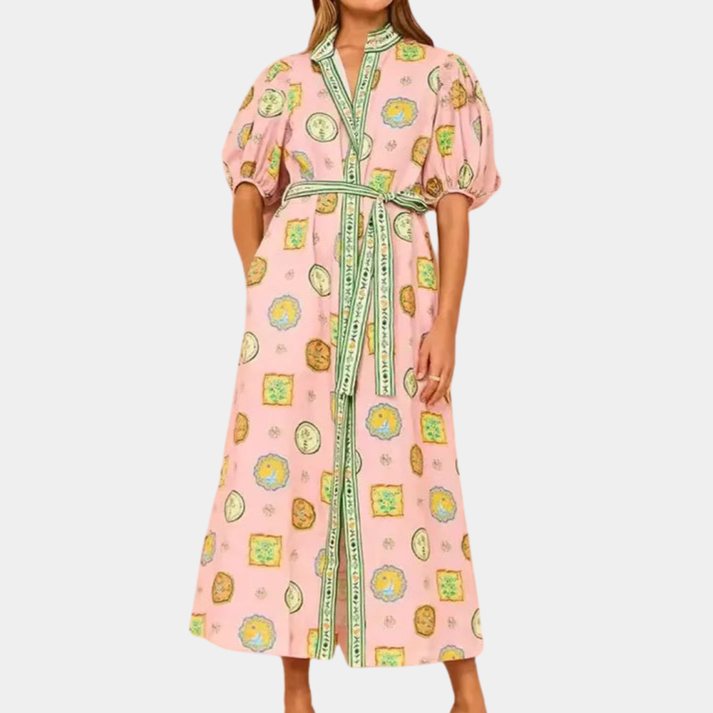 Ladies Long V Neck Dress with Short Sleeves and Sash - Nocini
