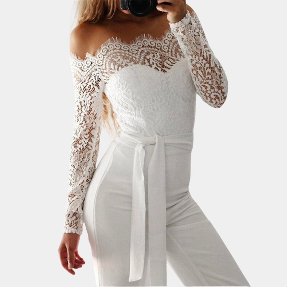 Women's Lace Jumpsuit - Sleek Off Shoulder Party Dress - Nocini