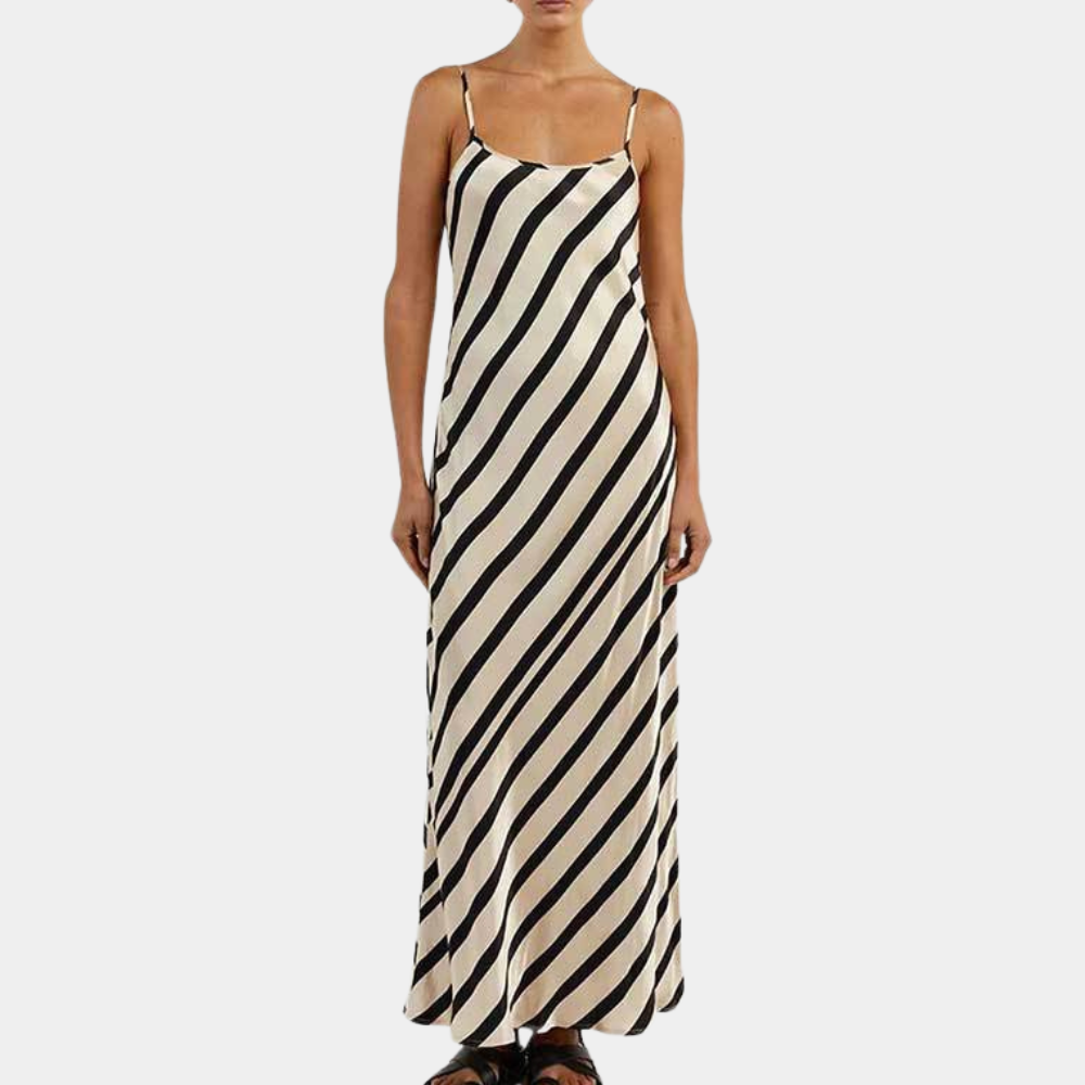 Women's Striped Silk Maxi Dress with Thin Straps - Nocini