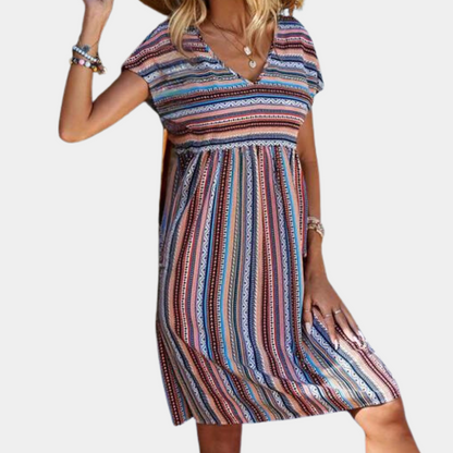 Casual V-Neck Striped Midi Dress - Nocini