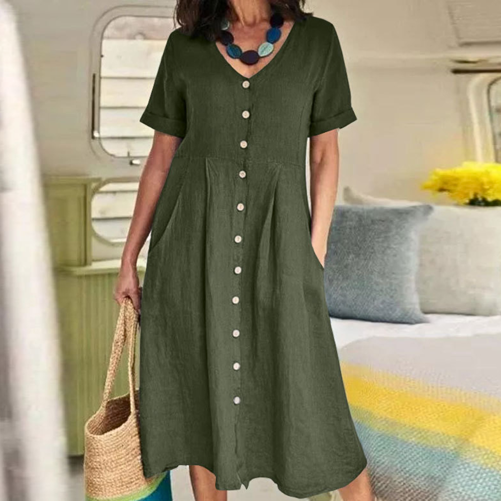Casual V Neck Short Sleeve Dress with Pockets