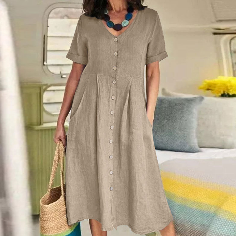 Casual V Neck Short Sleeve Dress with Pockets - Nocini