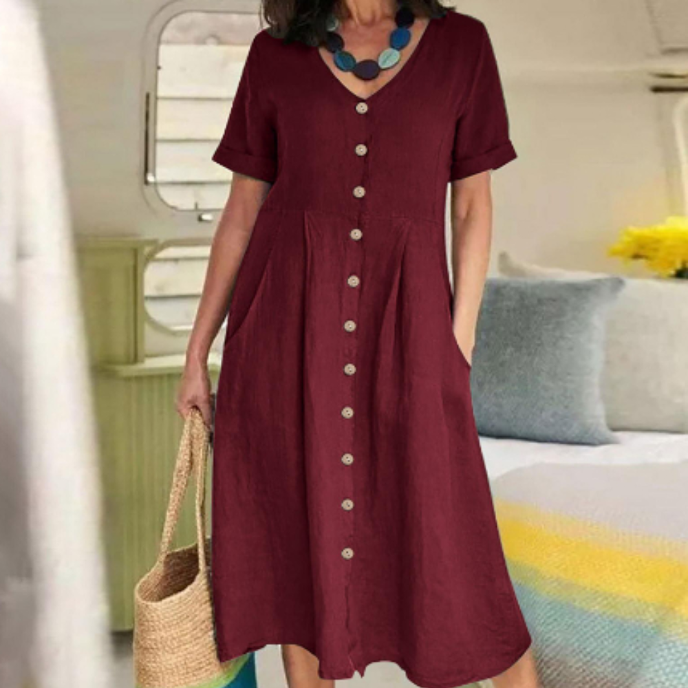 Casual V Neck Short Sleeve Dress with Pockets