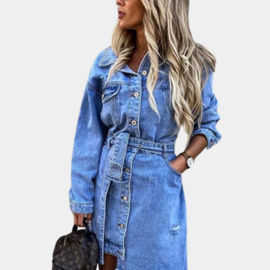 Classic Denim Shirt Dress with Belt and Buttons - Nocini