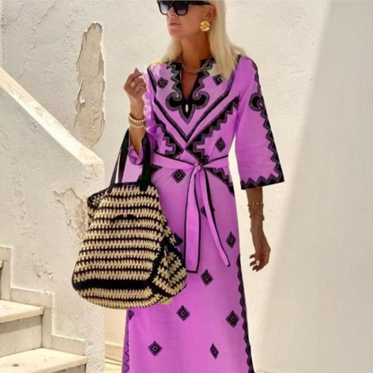 Flowy Long Sleeve V Neck Summer Dress - Nocini