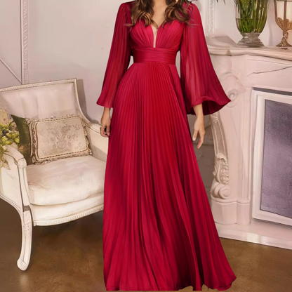 Flowy Long Sleeve V Neck Maxi Dress