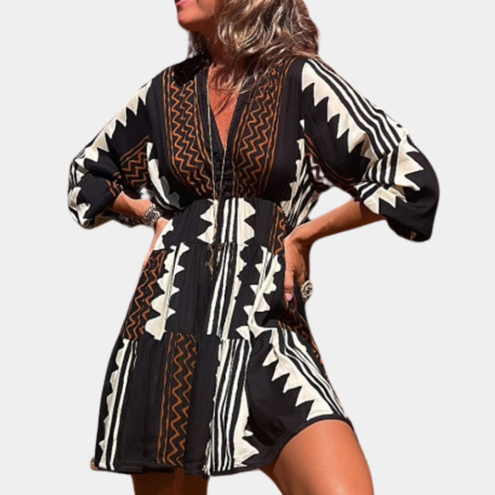 V-Neck A-Line Dress with Geometric Print - Nocini