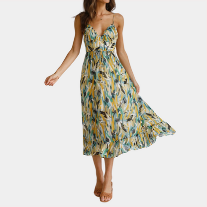 Casual Spaghetti Strap Midi Dress with Floral Print