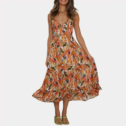 Casual Spaghetti Strap Midi Dress with Floral Print