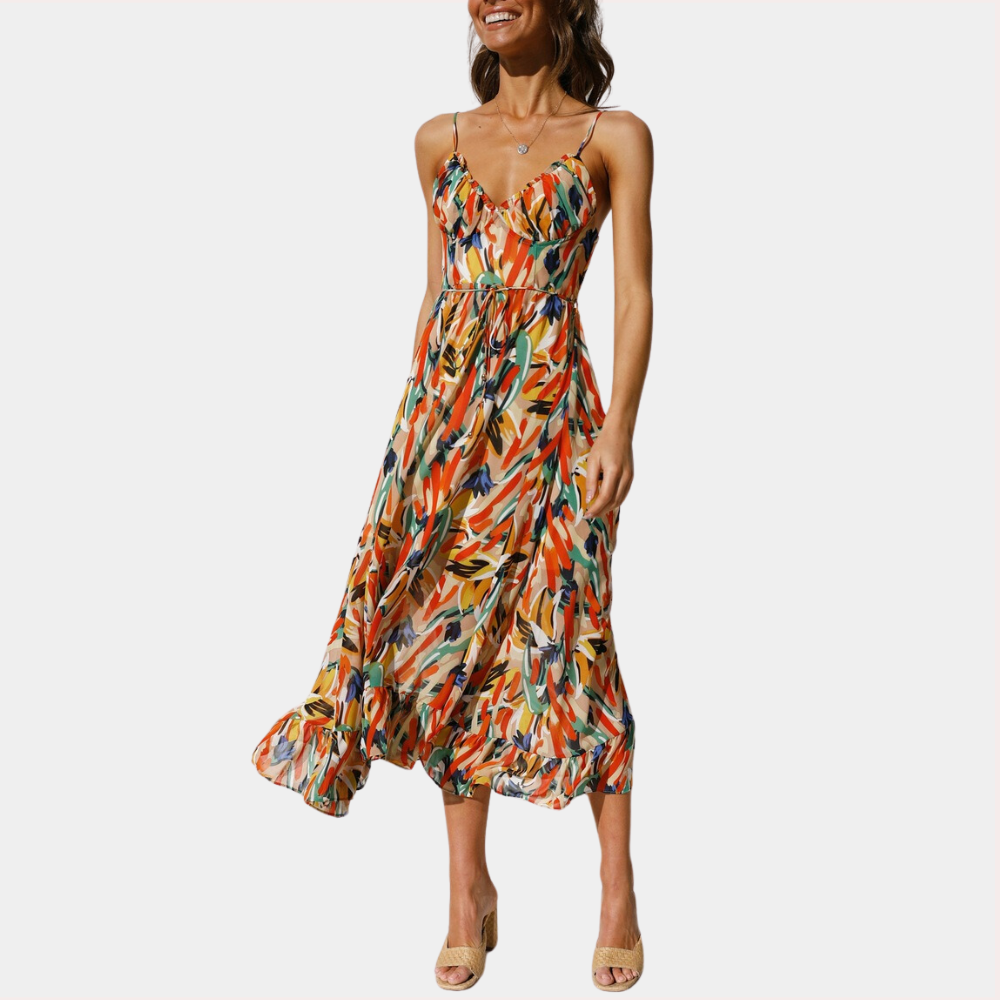 Casual Spaghetti Strap Midi Dress with Floral Print
