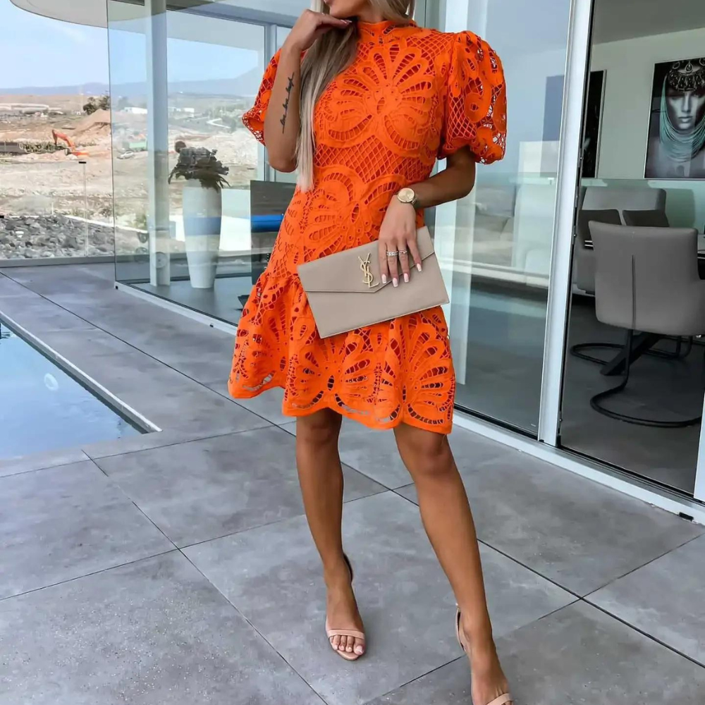 Chic Lace Dress with Short Sleeves and Delicate Details - Nocini