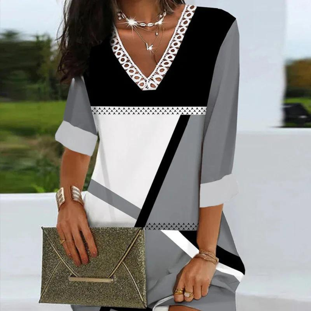Ladies V Neck Lace Dress with 3/4 Sleeves