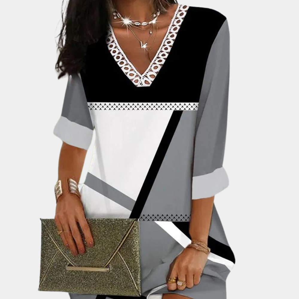 Ladies V Neck Lace Dress with 3/4 Sleeves - Nocini
