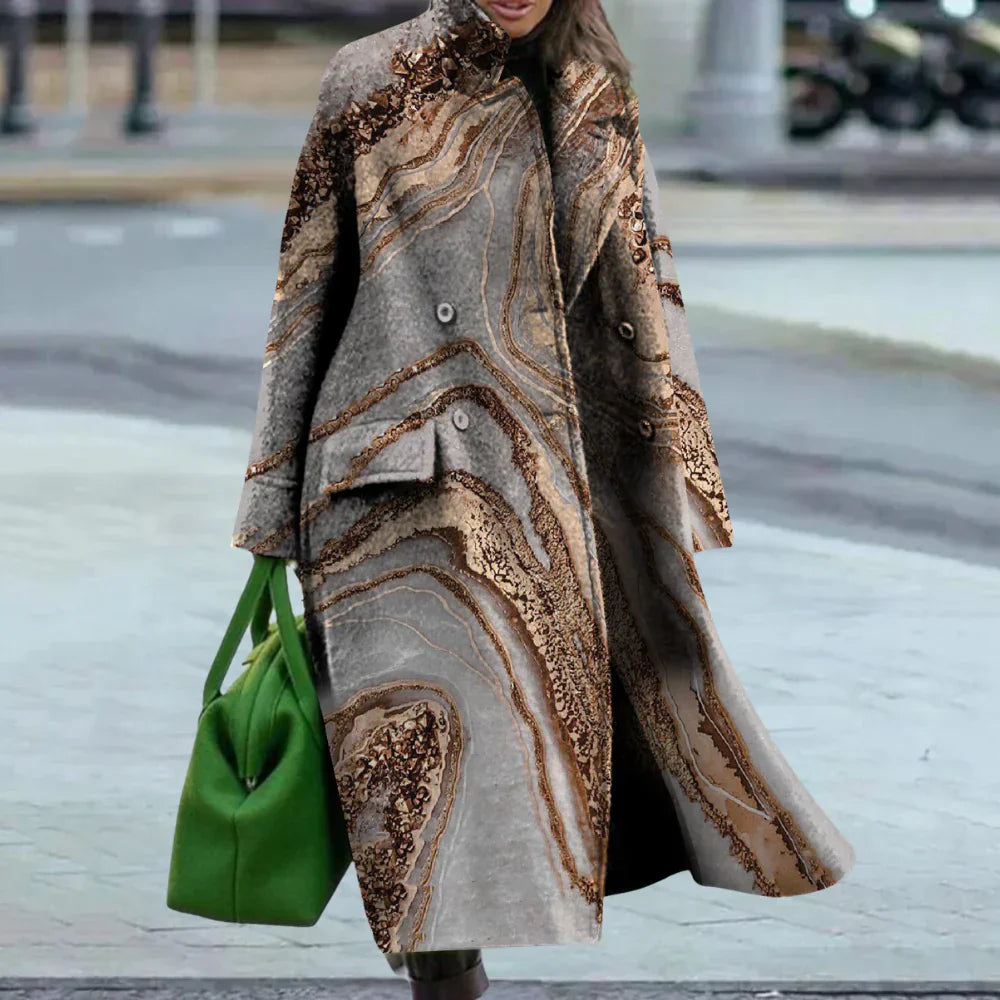 Women's Long Wool Coat Oversized Abstract Button Front - Nocini