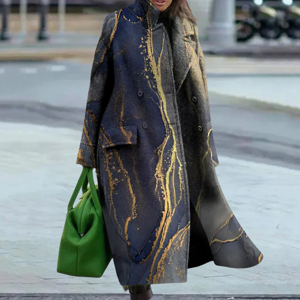 Women's Long Wool Coat Oversized Abstract Button Front