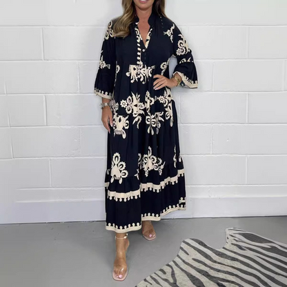 Relaxed Fit Floral Long Sleeve V Neck Dress - Nocini