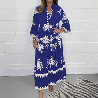 Relaxed Fit Floral Long Sleeve V Neck Dress
