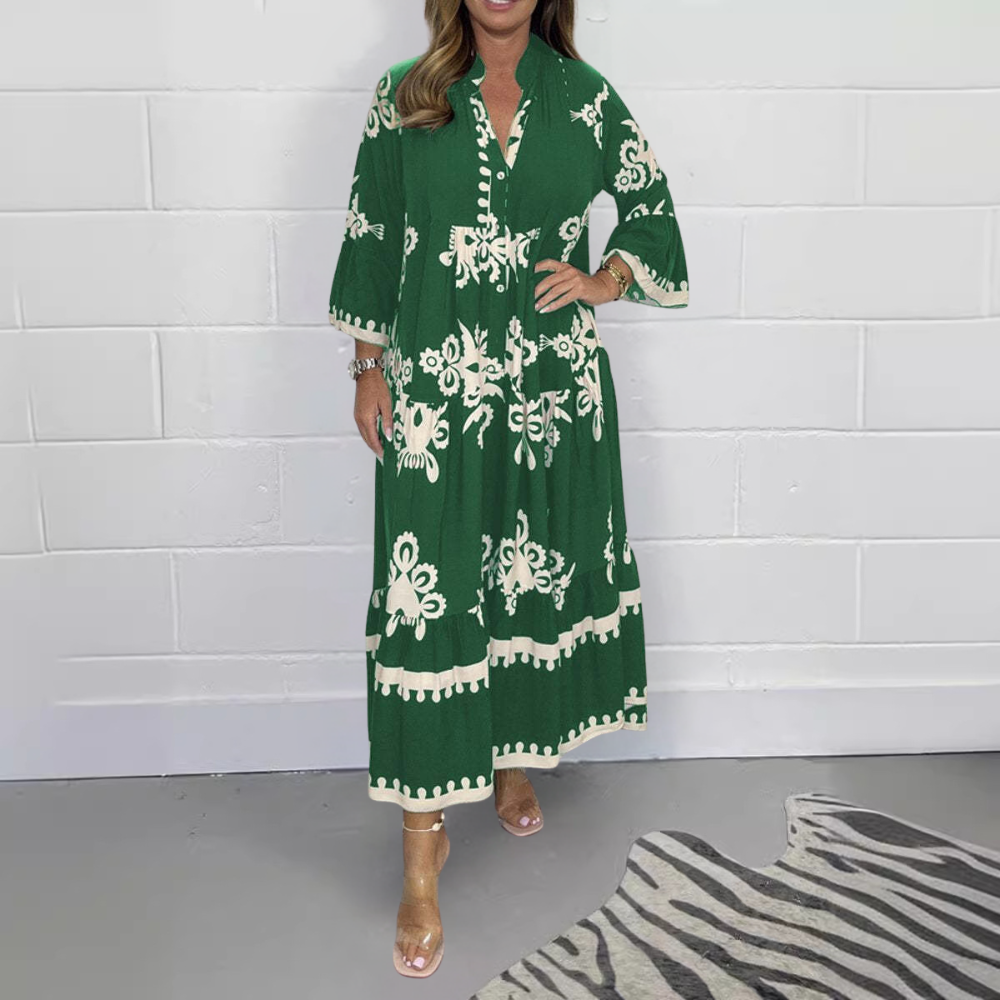 Relaxed Fit Floral Long Sleeve V Neck Dress