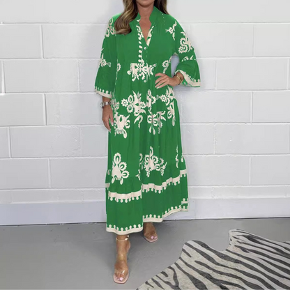 Relaxed Fit Floral Long Sleeve V Neck Dress