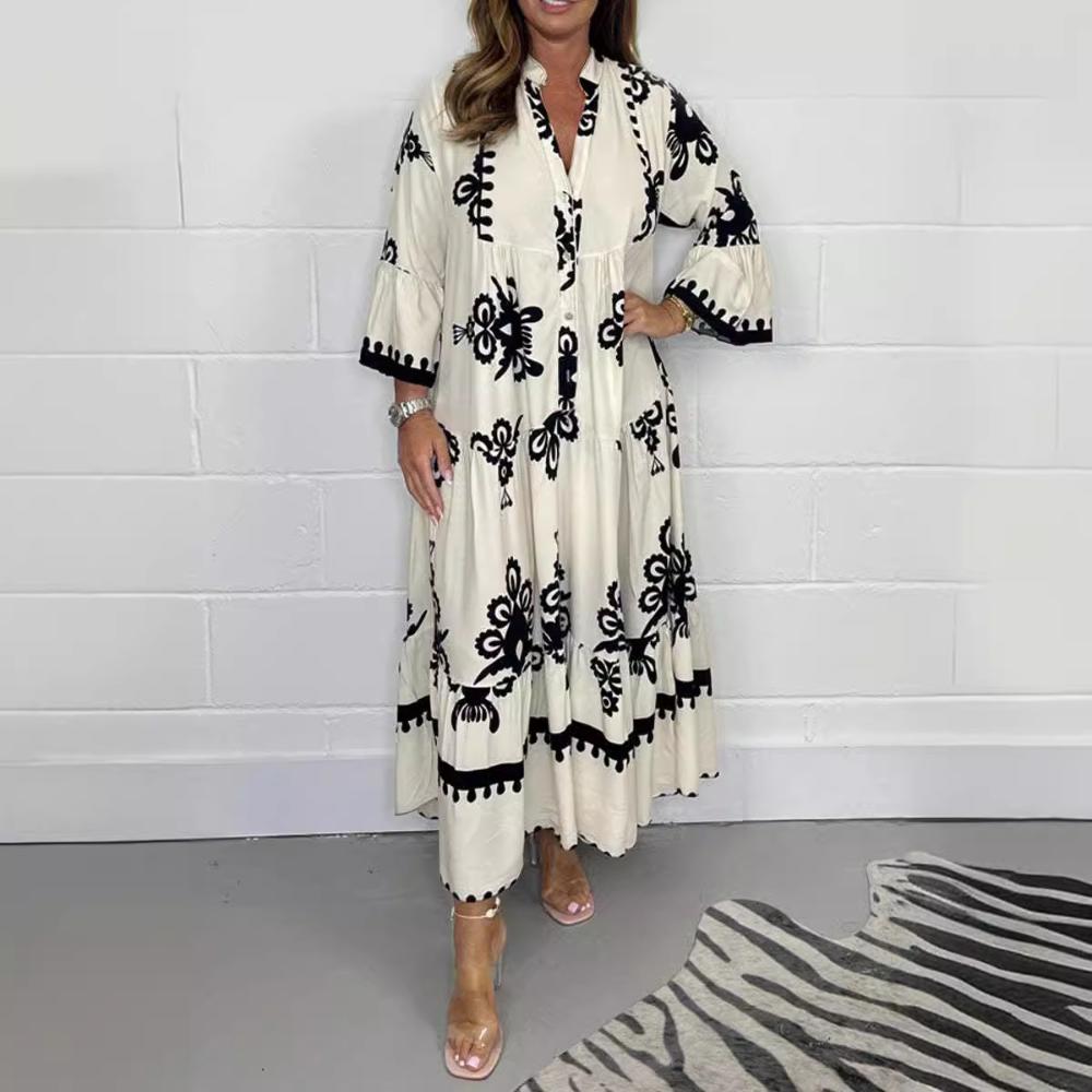 Relaxed Fit Floral Long Sleeve V Neck Dress