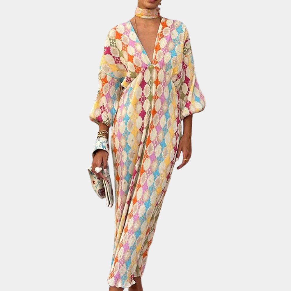 Flowy V Neck Maxi Dress with Long Sleeves - Nocini