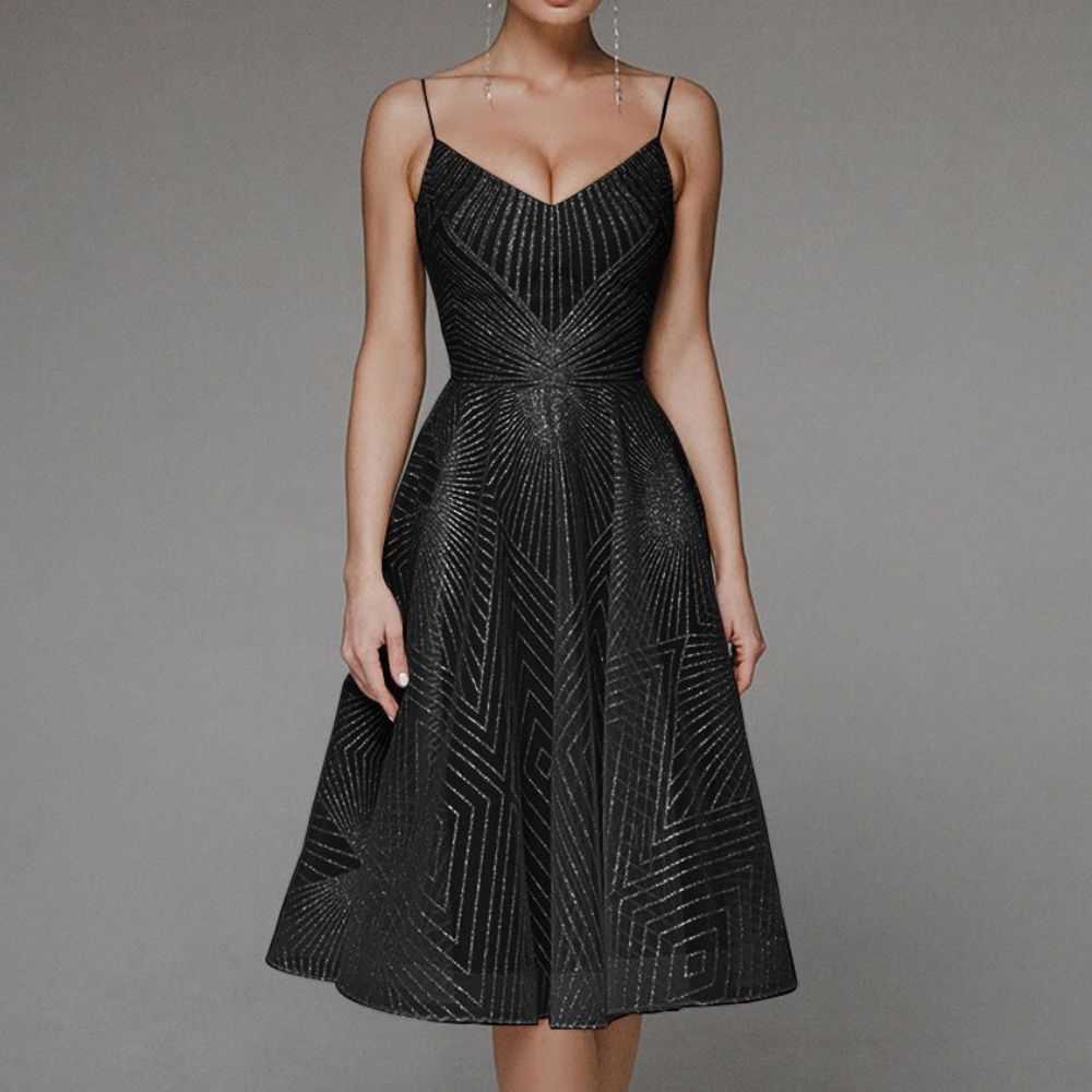 Elegant Midi Dress with Thin Straps and Feminine Neckline