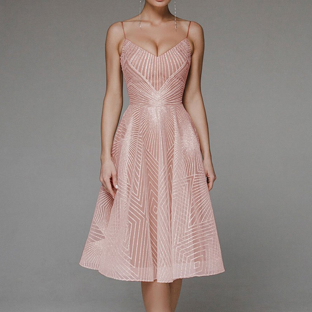 Feminine V Neck Midi Dress with Thin Straps