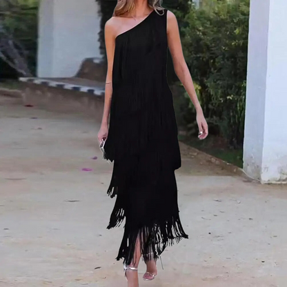 Chic Off Shoulder Evening Gown with Fringe Detail
