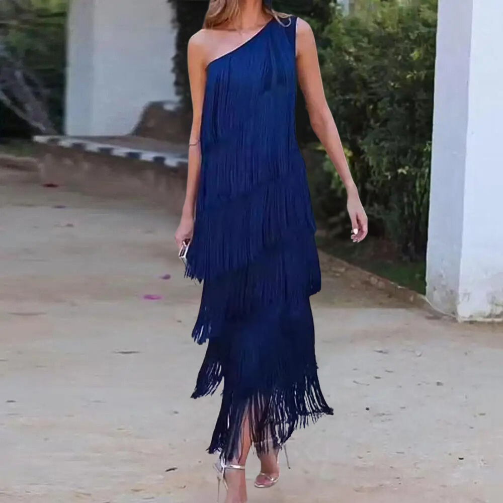 Chic Off Shoulder Evening Gown with Fringe Detail