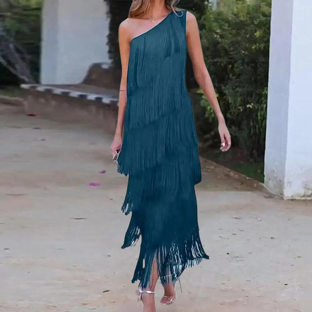Chic Off Shoulder Evening Gown with Fringe Detail - Nocini