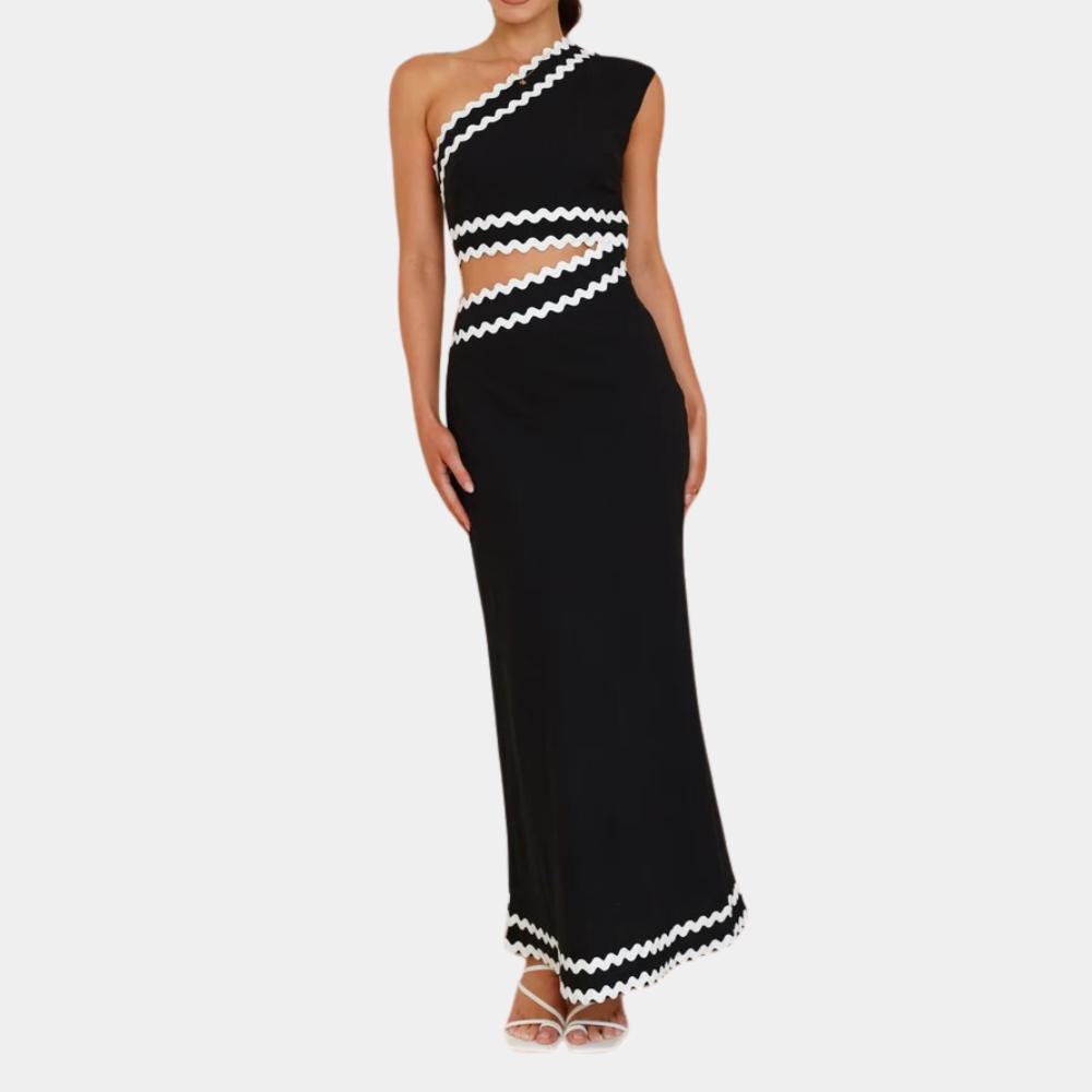 Chic One Shoulder Maxi Dress with Contrast Trim - Nocini