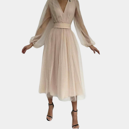 Ladies' V-Neck A-Line Party Dress with Long Sleeves