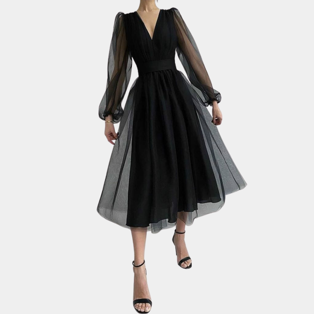 Ladies' V-Neck A-Line Party Dress with Long Sleeves