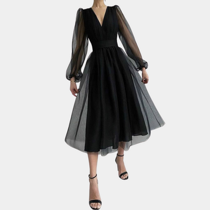 Ladies' V-Neck A-Line Party Dress with Long Sleeves