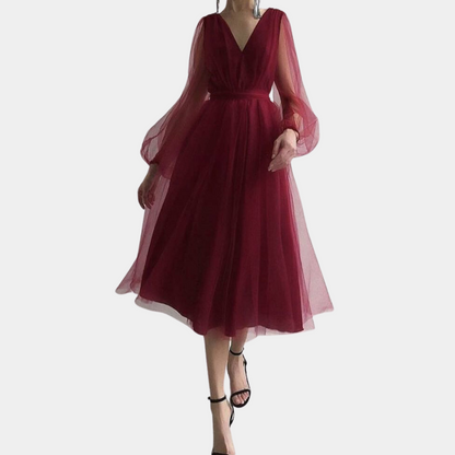 Ladies' V-Neck A-Line Party Dress with Long Sleeves - Nocini