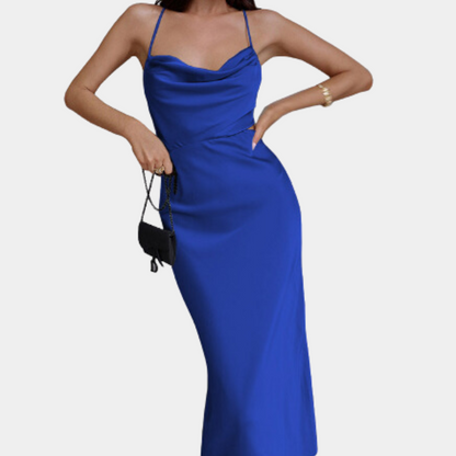Ladies' Satin Midi Dress - Cowl Neck - Elegant Party Gown