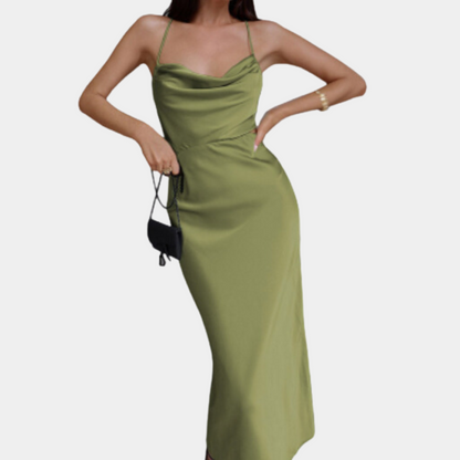 Ladies' Satin Midi Dress - Cowl Neck - Elegant Party Gown