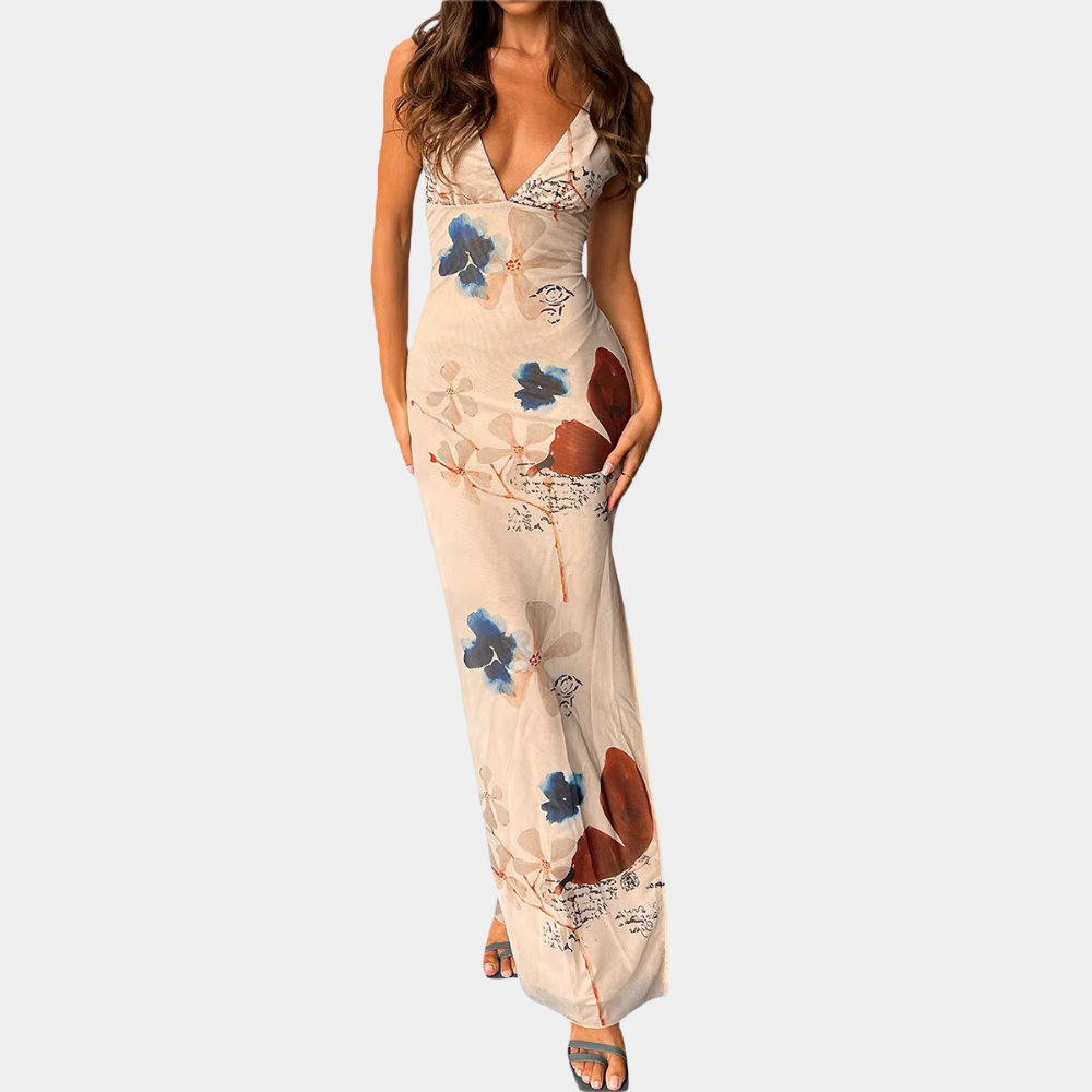 Lovely V-Neck Maxi Dress with Floral Print - Nocini