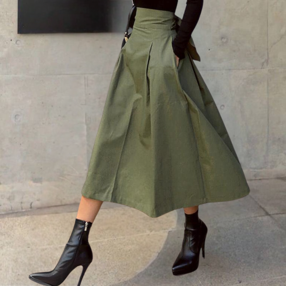 Flared Waist Tie Back Midi Skirt