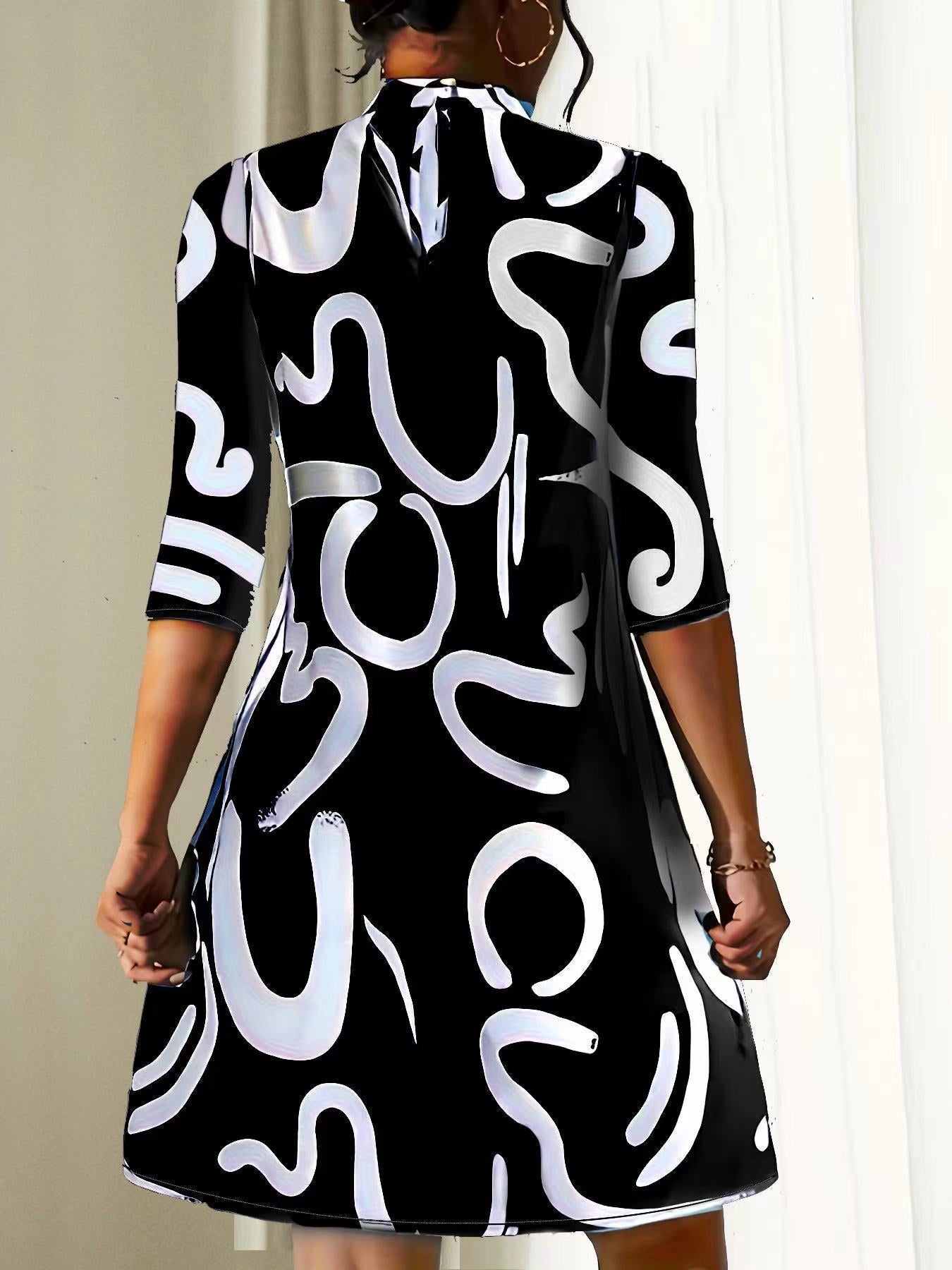 Trendy Abstract Print Crew Neck Dress for Women